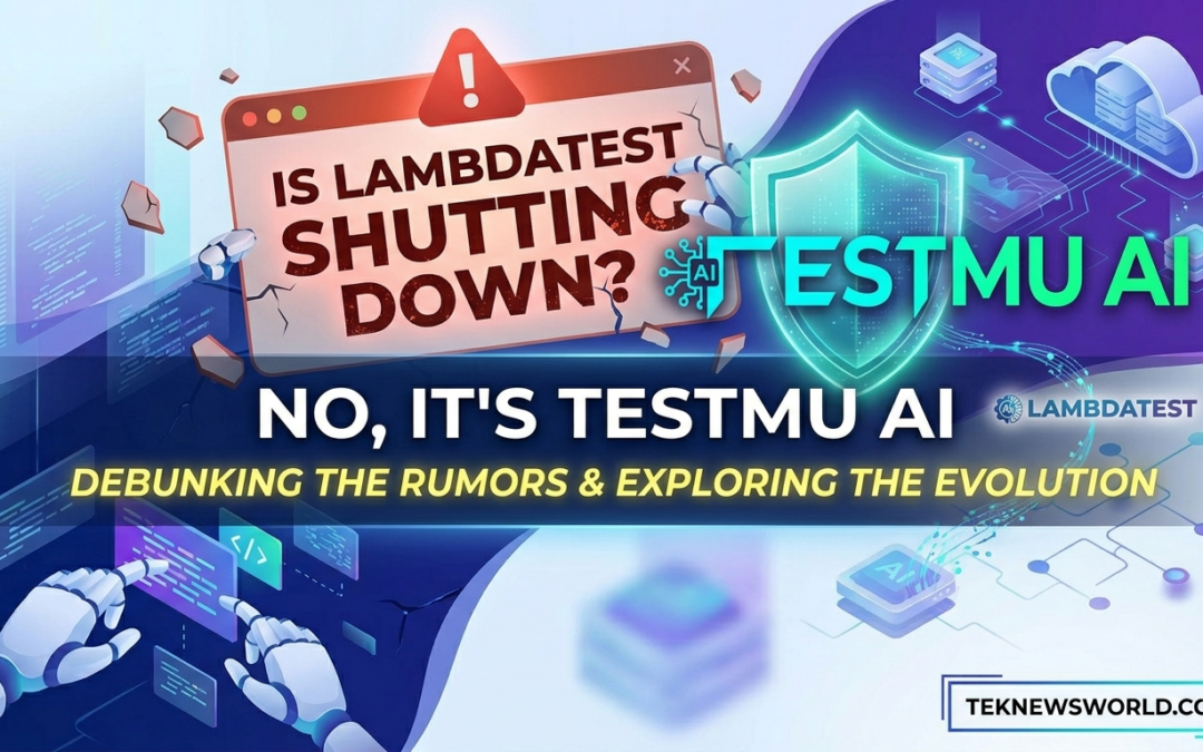 A high-energy, digital-themed featured image addressing the rebranding of a tech company. The main focus is a large, translucent warning notification box that reads, "IS LAMBDATEST SHUTTING DOWN?" in bold red and black text. Directly below, the correction appears in large white text: "NO, IT'S TESTMU AI." To the right, a glowing green digital shield protects the new "TESTMU AI" logo. Small "LAMBDATEST" branding is tucked neatly to the side as an evolution marker. The subtext across the center reads: "DEBUNKING THE RUMORS & EXPLORING THE EVOLUTION." The "TEKNEWSWORLD.COM" watermark is placed in the bottom right corner.