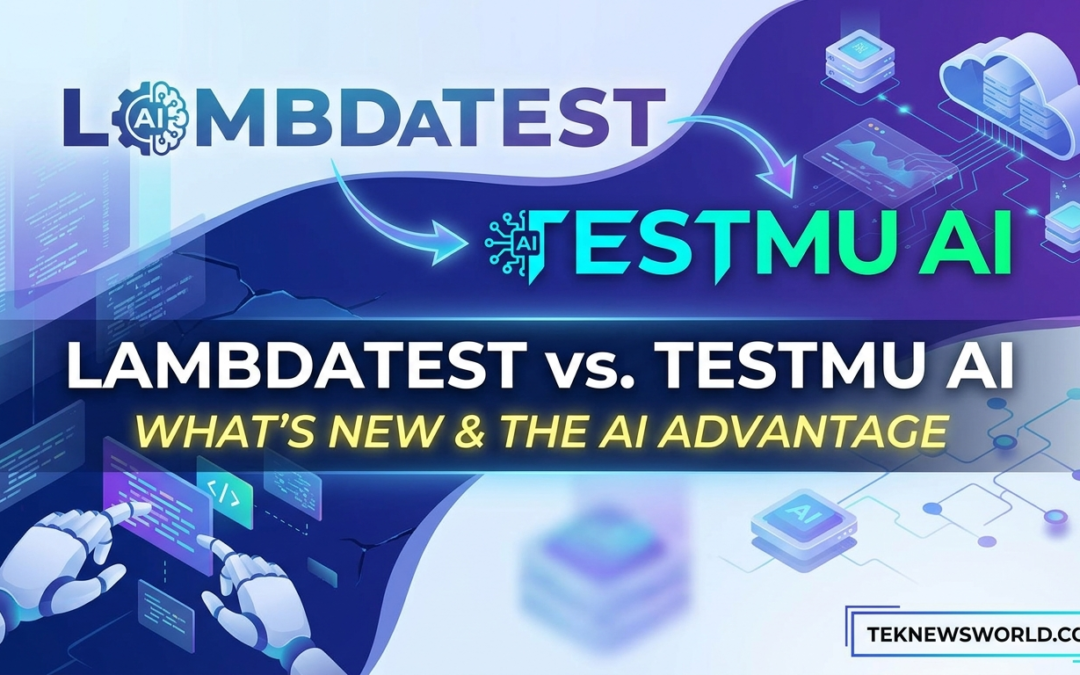 A comparative featured image for a tech article, designed with a blue and purple digital interface style. On the left, the "LAMBDATEST" logo is shown with an integrated AI brain gear icon. On the right, the "TESTMU AI" logo includes a stylized circuit board icon. The central bold text reads, "LAMBDATEST vs. TESTMU AI," with the yellow subtext, "WHAT’S NEW & THE AI ADVANTAGE." The corner features the website watermark "TEKNEWSWORLD.COM."
