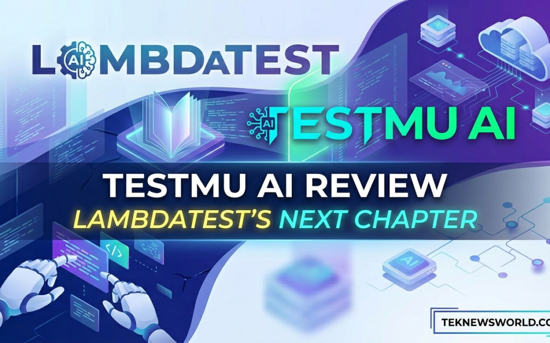 A symbolic featured image for a tech review. A glowing, futuristic book title 'TESTMU AI' emerges from the center, connected by digital threads to the established 'LAMBDATEST' logo on the left. The scene uses deep blues and electric purples, set against a backdrop of flowing data streams and connected servers. In the bottom corner, the 'TEKNEWSWORLD.COM' watermark is visible.
